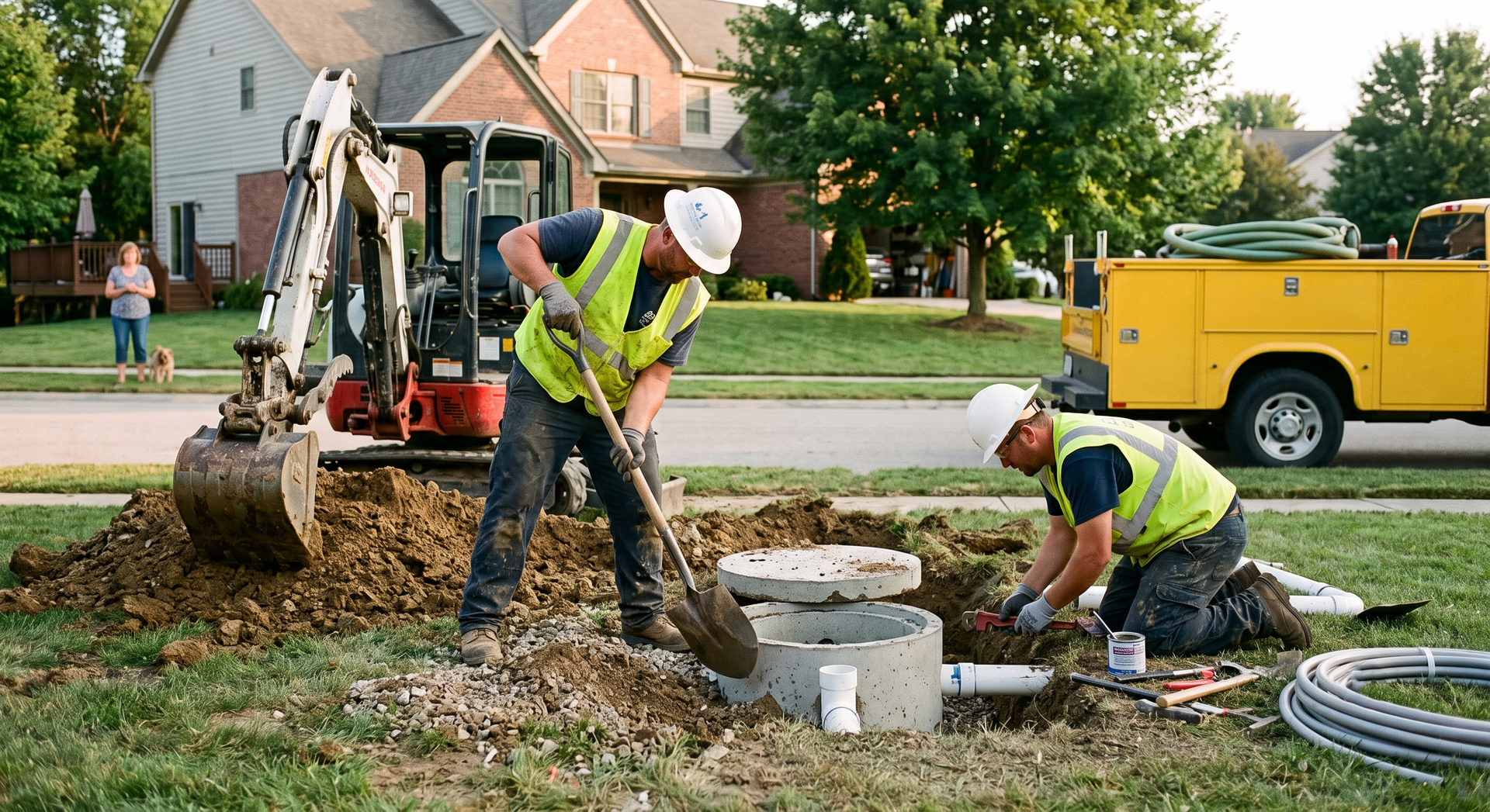 Two utility workers in safety vests fixing a sidewalk near a trench, with an excavator and yellow trailer nearby