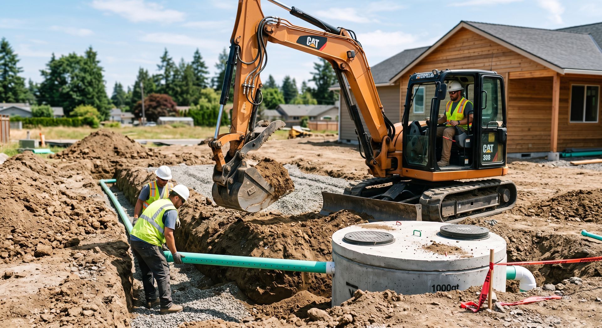 Construction crew digging a trench beside a house with an excavator and concrete utility covers