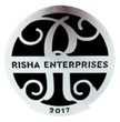 Silver and black logo for Risha Enterprises, featuring stylized