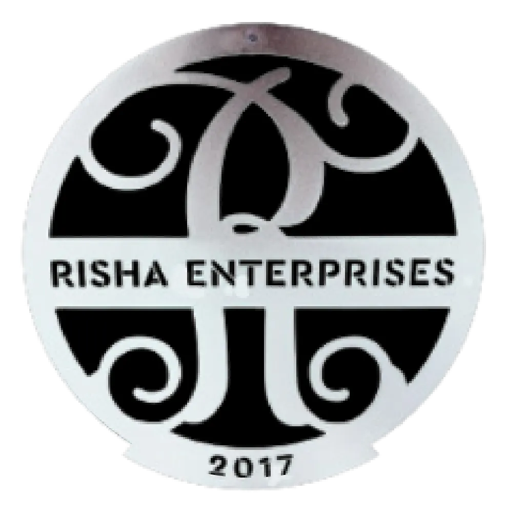 Silver and black logo for Risha Enterprises, featuring stylized