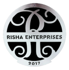 Silver and black logo for Risha Enterprises, featuring stylized