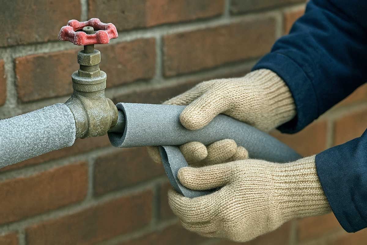 Gloved hands connecting two gray metal pipes beside a brick wall, with a red valve handle above.