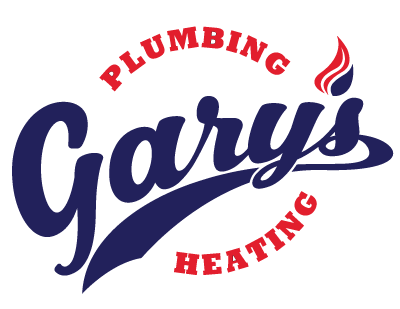 Gary's Plumbing Heating logo in navy and red with stylized flame icon