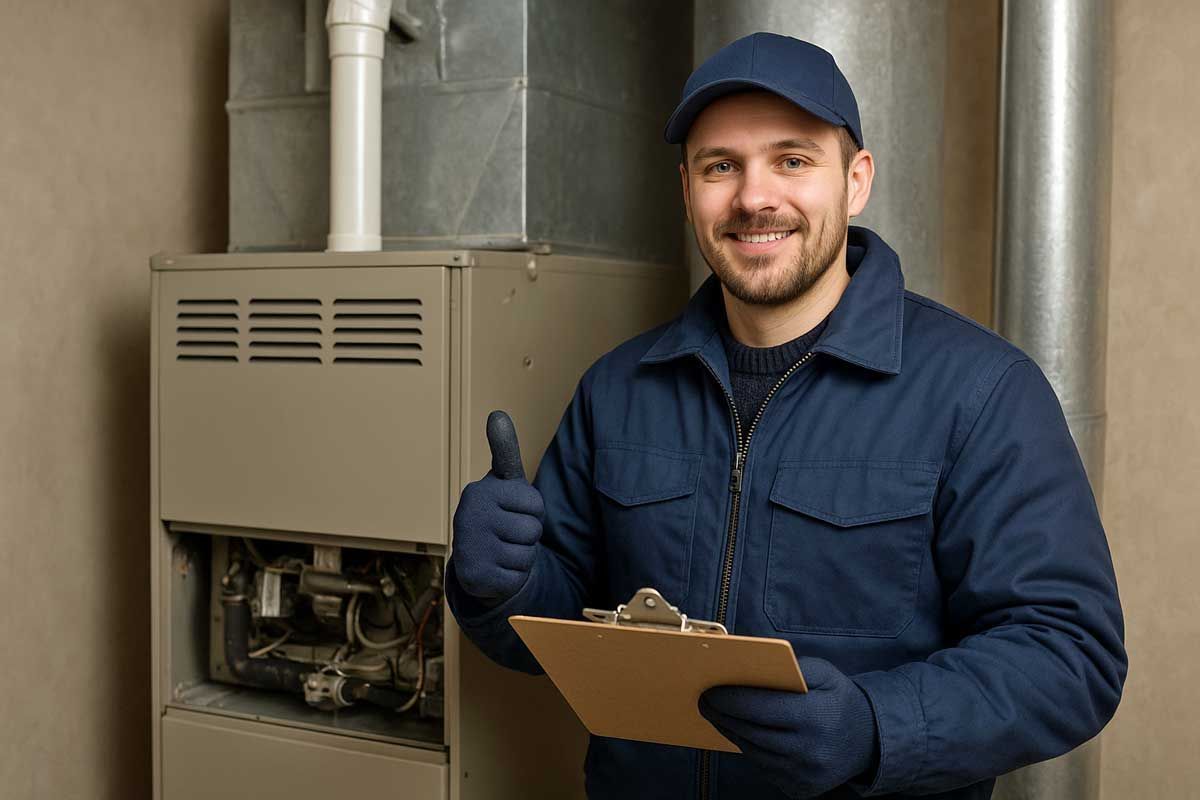 Technician in blue uniform inspecting a furnace, holding a clipboard and giving a thumbs-up in a utility room.