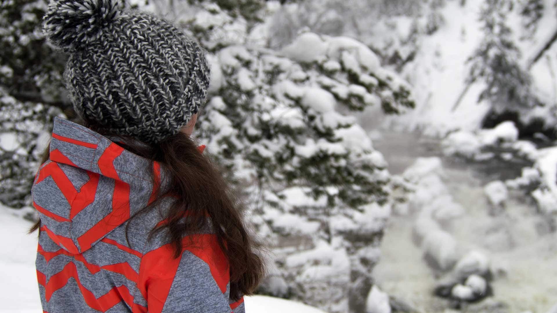 Person in a knit hat and red patterned sweater looks at snow-covered trees in a winter forest.