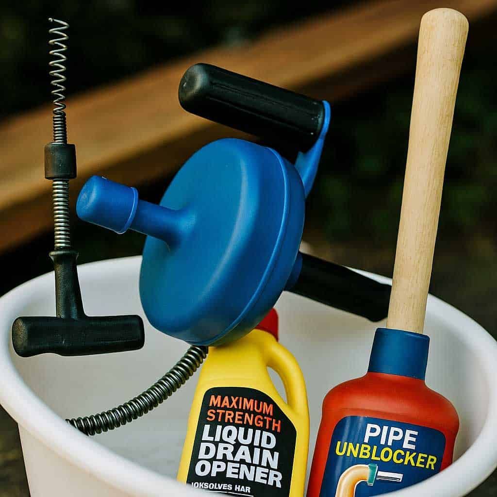 Drain cleaning tools: chemical bottles and a mechanical auger with a plunger.