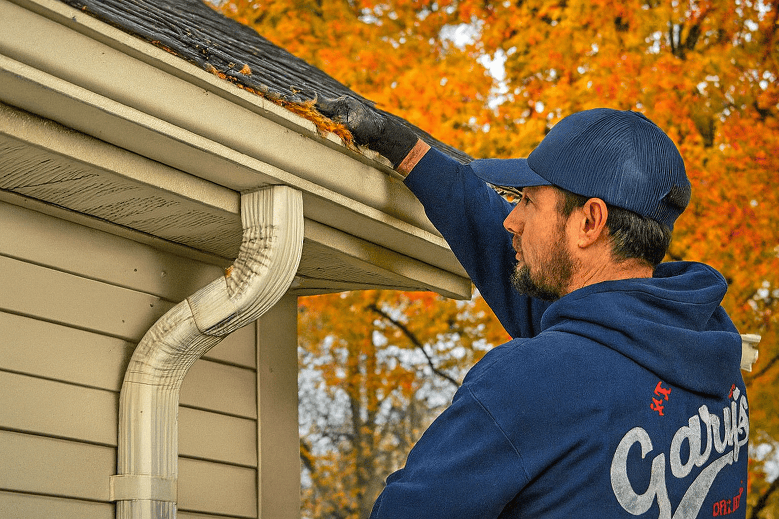 Gary's plumber cleans gutters, autumn foliage in background.