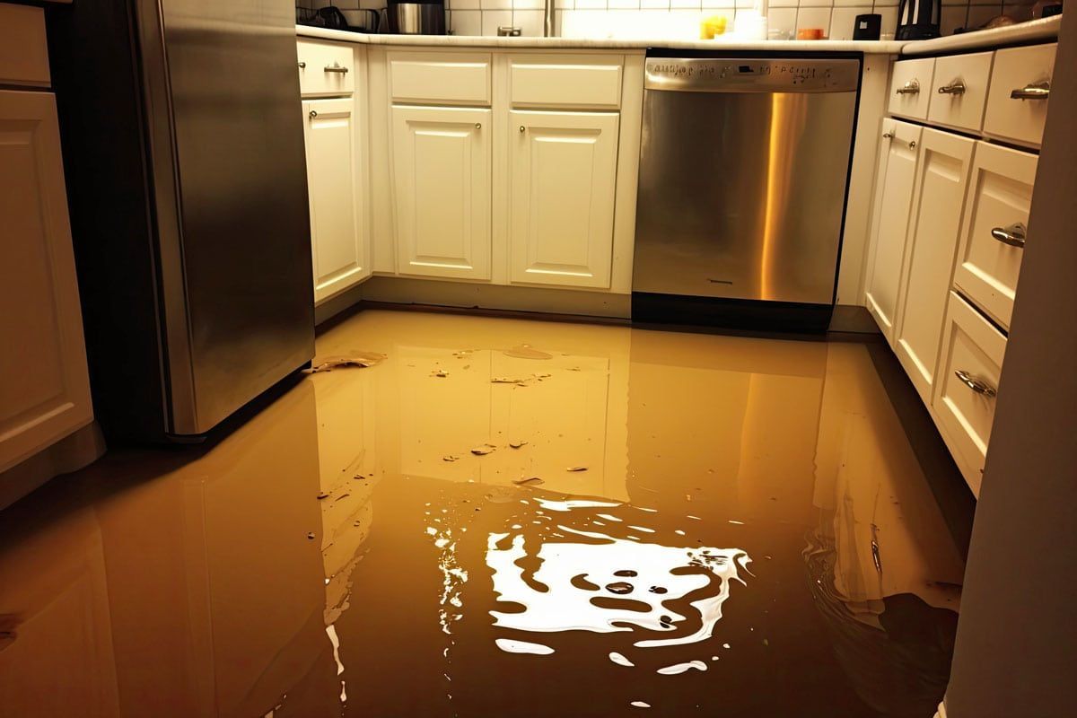 Kitchen floor flooded with brown water, reflecting white cabinets and appliances.