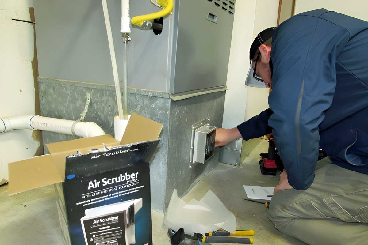 Worker installing equipment beside HVAC unit in a utility room, with tools and ductwork visible