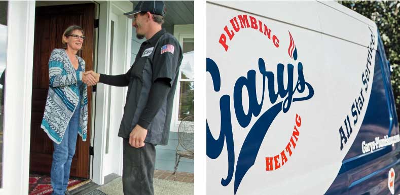 Plumber shaking hands with a customer at a doorway beside a van labeled “Gary’s Plumbing.”
