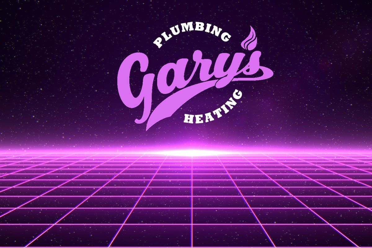 Gory’s Plumbing & Heating logo in glowing purple neon over a retro grid background