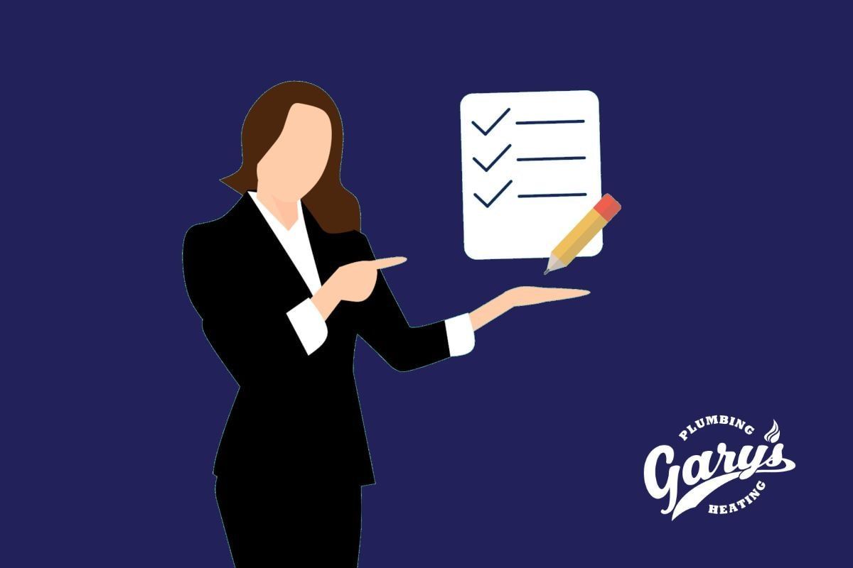 Businesswoman pointing at a checklist with a pencil on a purple background, with Gary's logo in the corner