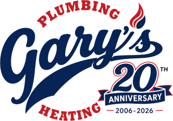 Gary’s Plumbing Heating 20th anniversary logo in blue, red, and white, with 2006–2026