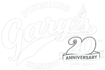Gary’s Plumbing and Heating 20th anniversary logo in blue, red, and white, 2006–2026