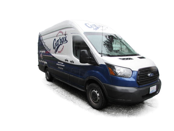 Blue and white delivery van on a white background, angled front view