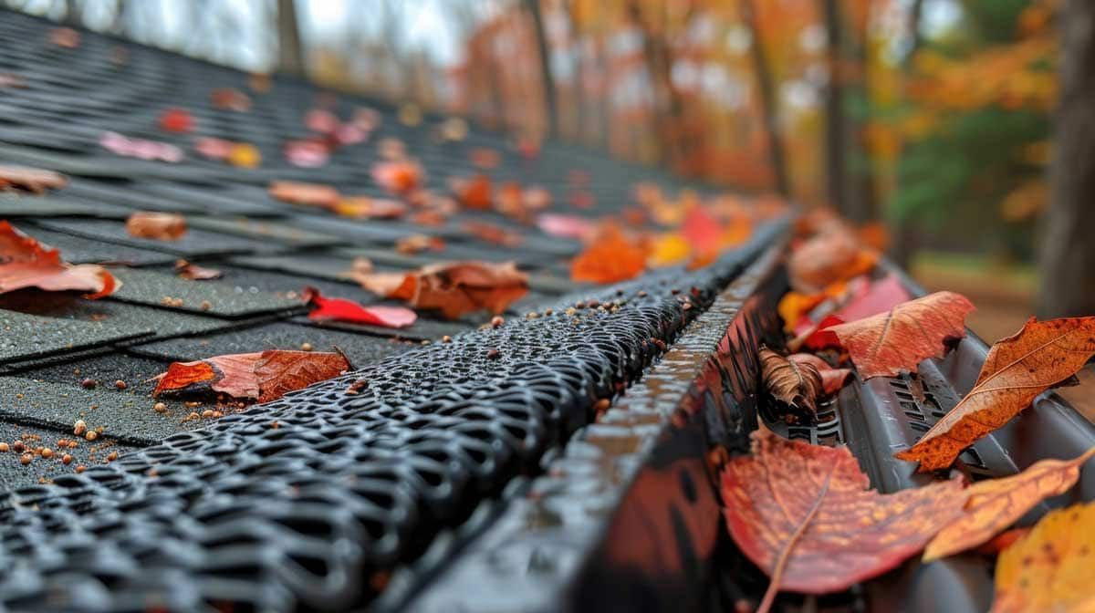 Rain-soaked roof shingles and gutters covered with red and orange autumn leaves