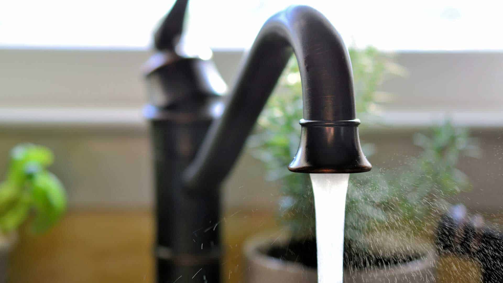 Black kitchen faucet running water into a sink, with blurred plants in the background
