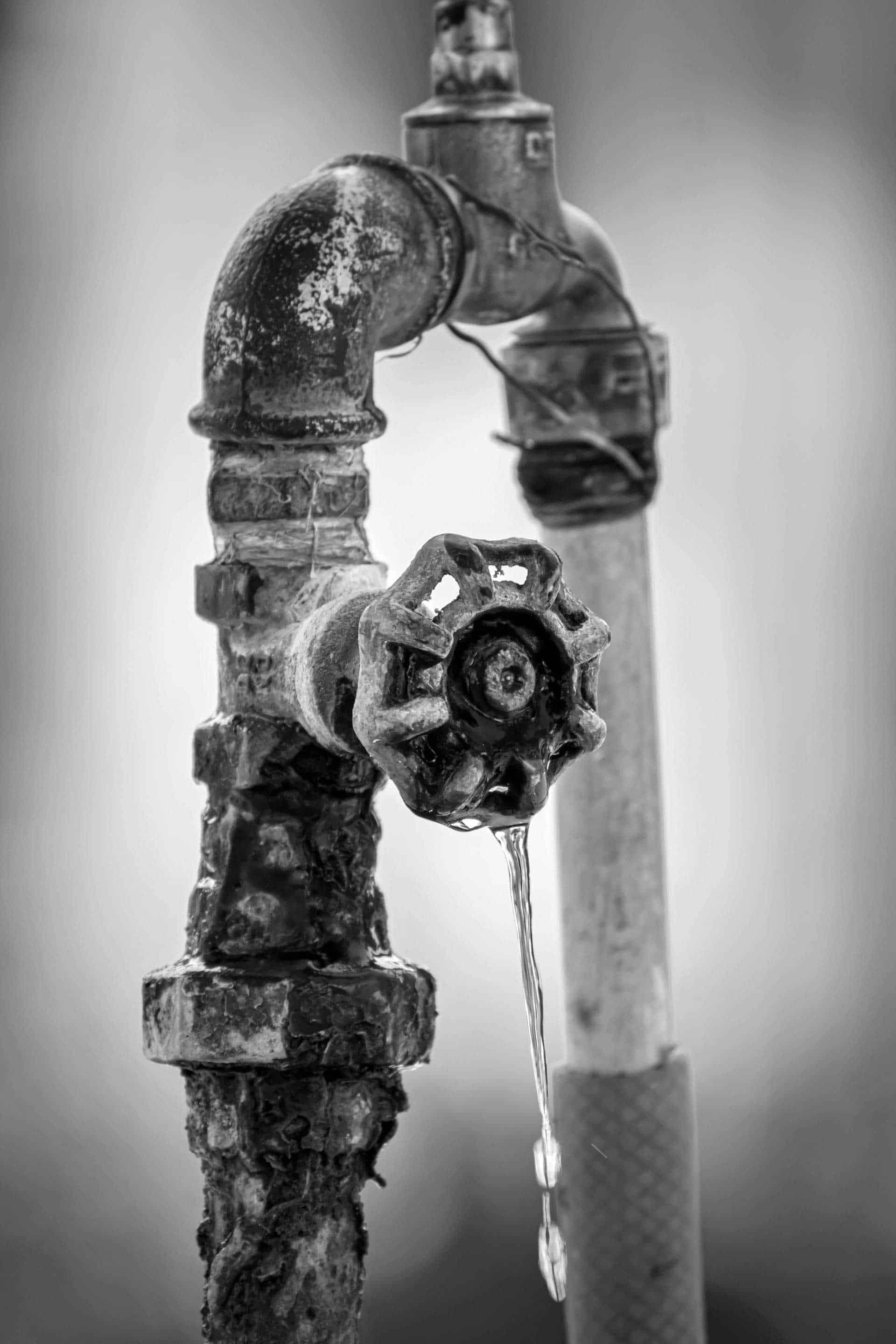 Dripping outdoor faucet with rusted metal—sign of a plumbing leak.