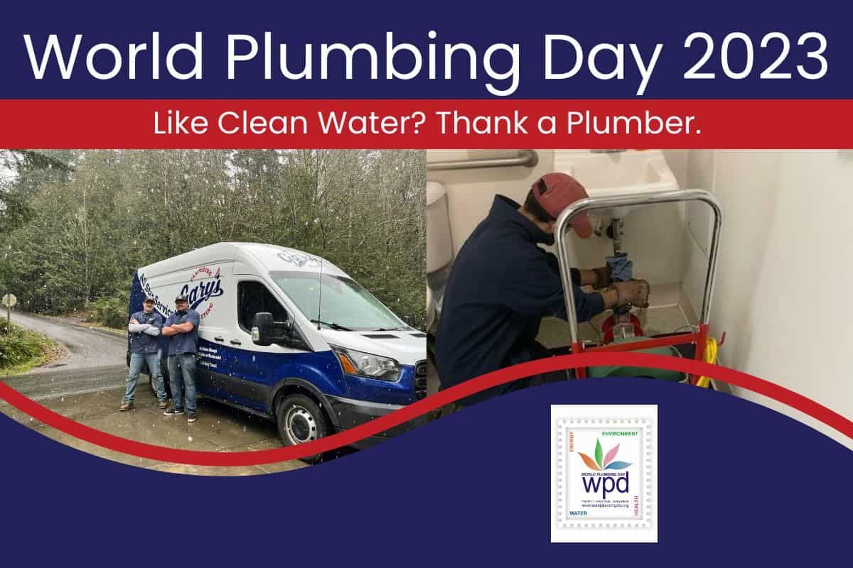 World Plumbing Day 2023 banner showing plumbers working with van and sewer truck, text: “Like Clean Water? Thank a Plumber.”
