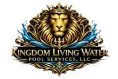 Gold lion crest logo with blue water splashes and text &ldquo;Kingdom Living Water Pool Services, LLC&rdquo;