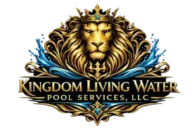 Gold lion crest logo with blue water splashes and text &ldquo;Kingdom Living Water Pool Services, LLC&rdquo;