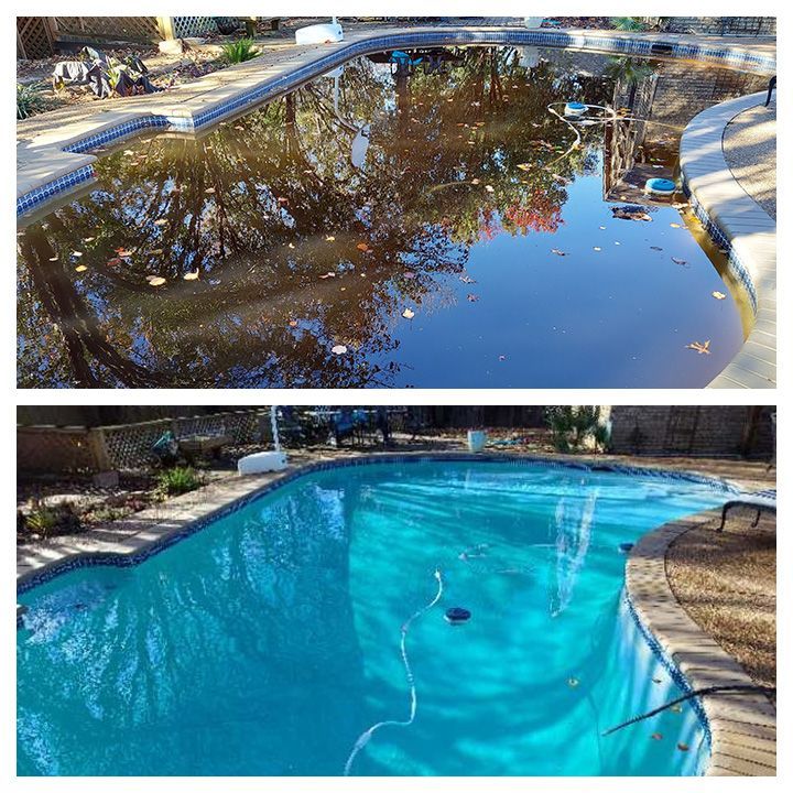 Before-and-after pool cleanup: muddy water transformed into a clean blue swimming pool.