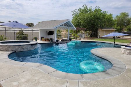 Backyard pool with curved blue water, stone deck, and shaded lounge area under a clear sky