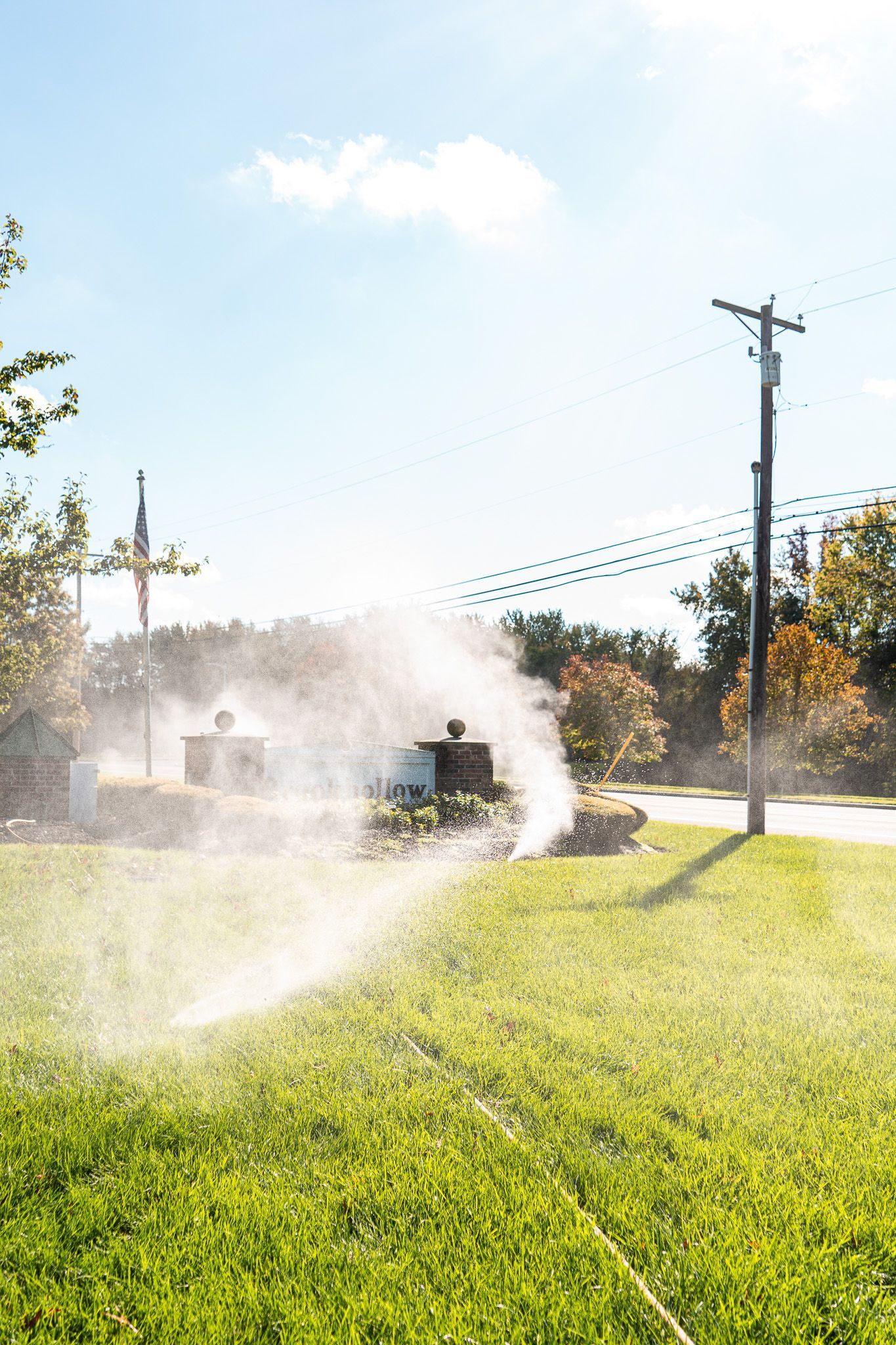 A sprinkler is spraying water on a lush green field.