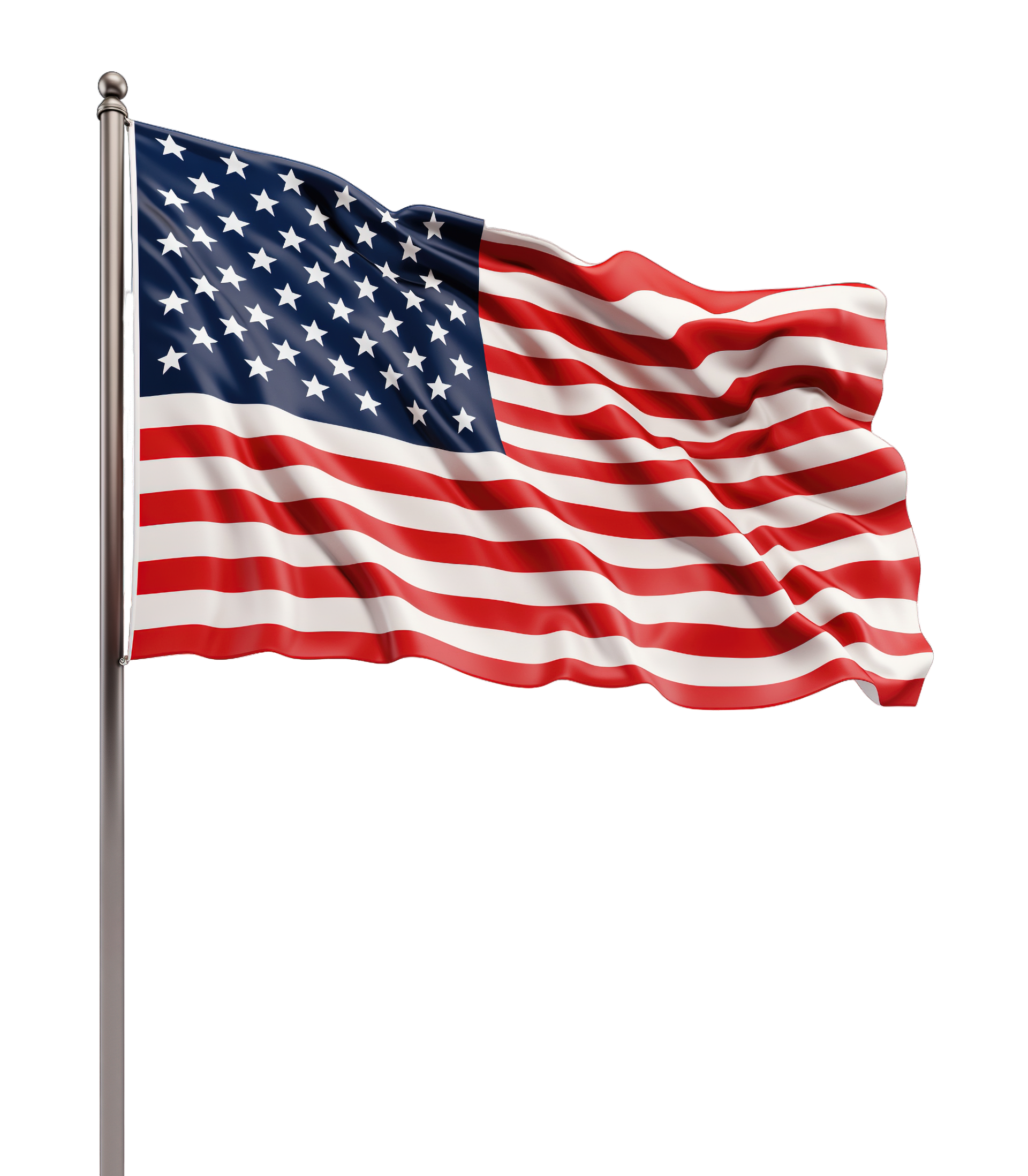 American flag waving on a pole, red and white stripes, blue field with white stars.
