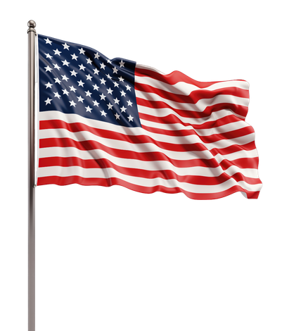American flag waving on a pole, red and white stripes, blue field with white stars.