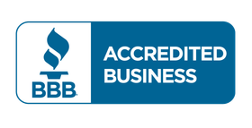 BBB Accredited Business logo with blue torch icon and text on white and blue background