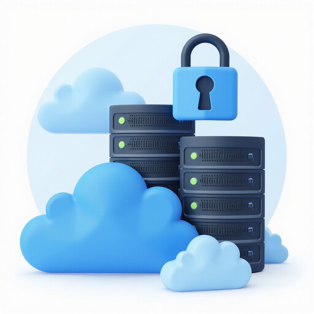 Blue clouds, servers, and a padlock, symbolizing cloud data security by Reboot IT