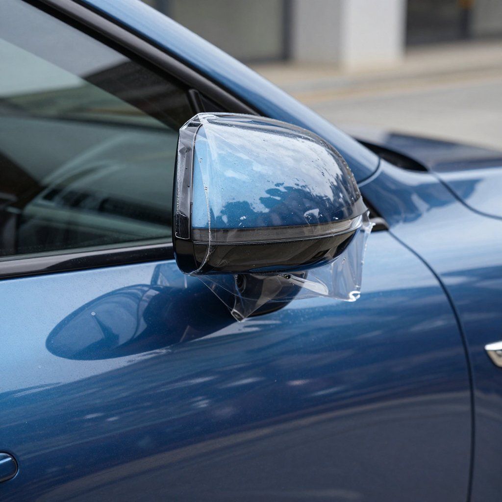 Close-up of a blue car’s side mirror with a reflective cover and black trim