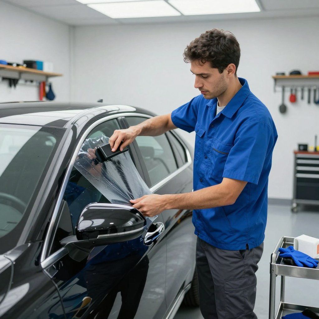 Mechanic applying window tint to a black car in a workshop