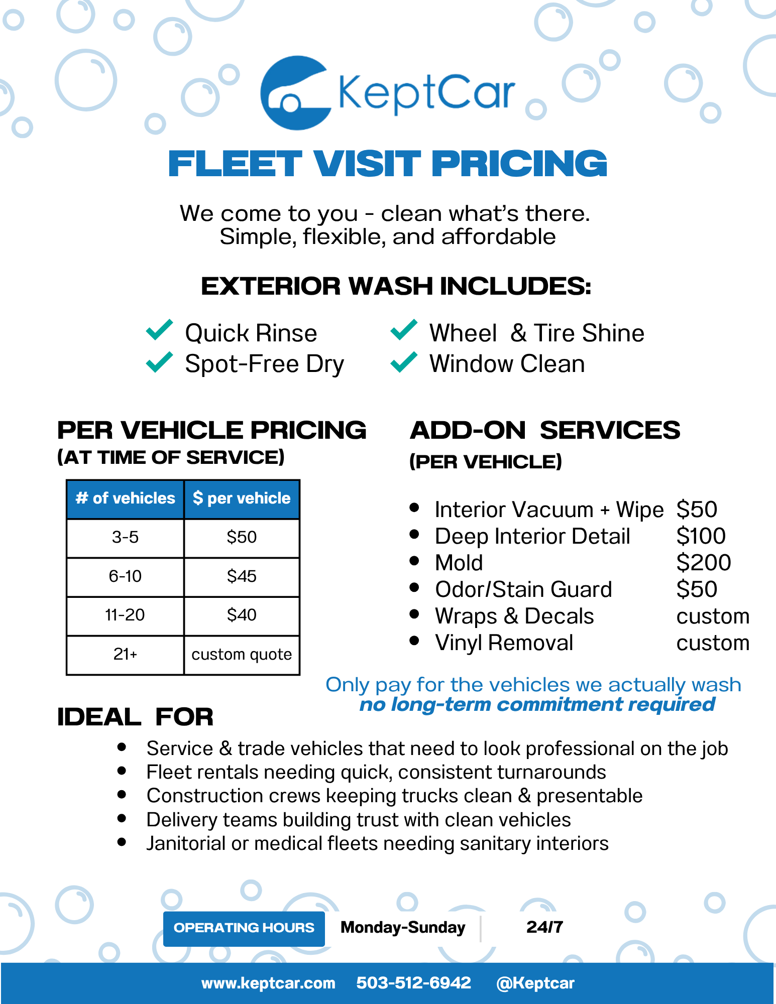 KeptCar fleet visit pricing flyer with blue header, checklist features, pricing table, and add-on services.