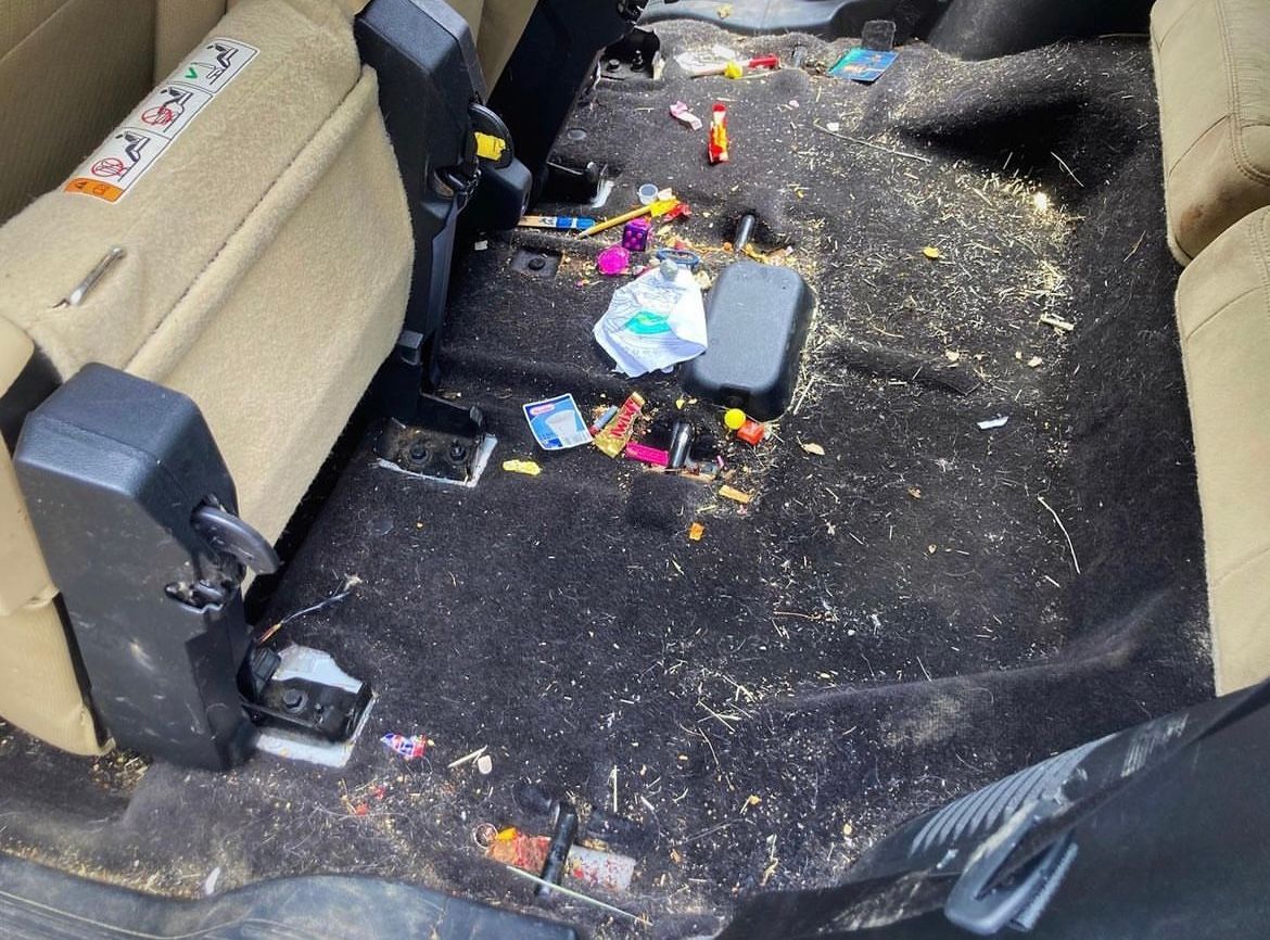 Messy car back seat with scattered trash, crumbs, and a gray container on the floor