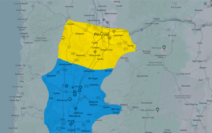 Map with a blue southern region and yellow northern region highlighted on a pale gray base map