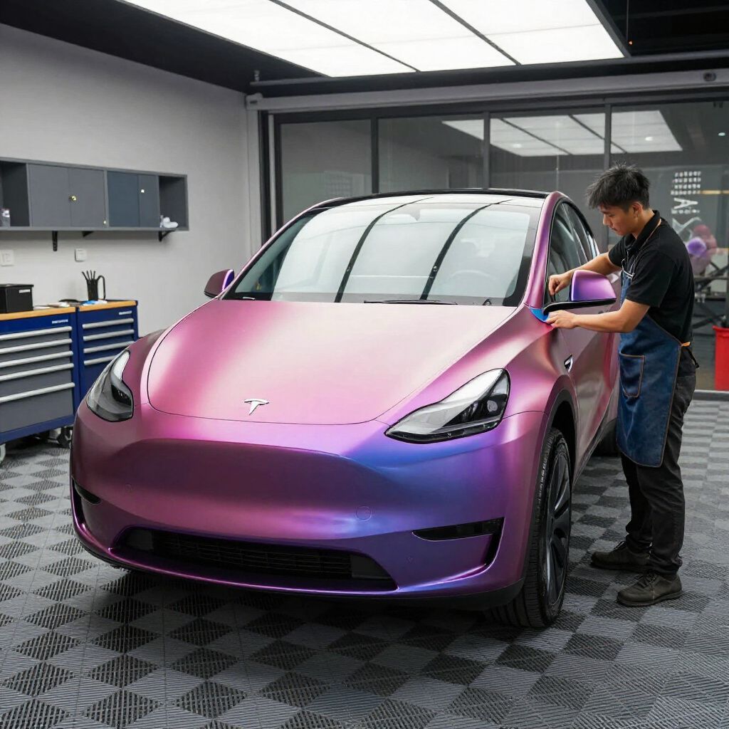 Person applying film to a purple SUV in a workshop