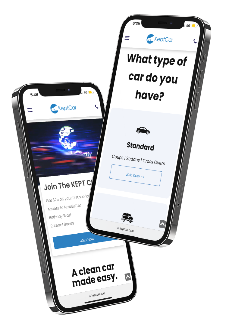 Two tilted smartphone app screens showing a car diagnostics app and a “What type of car do you have?” prompt