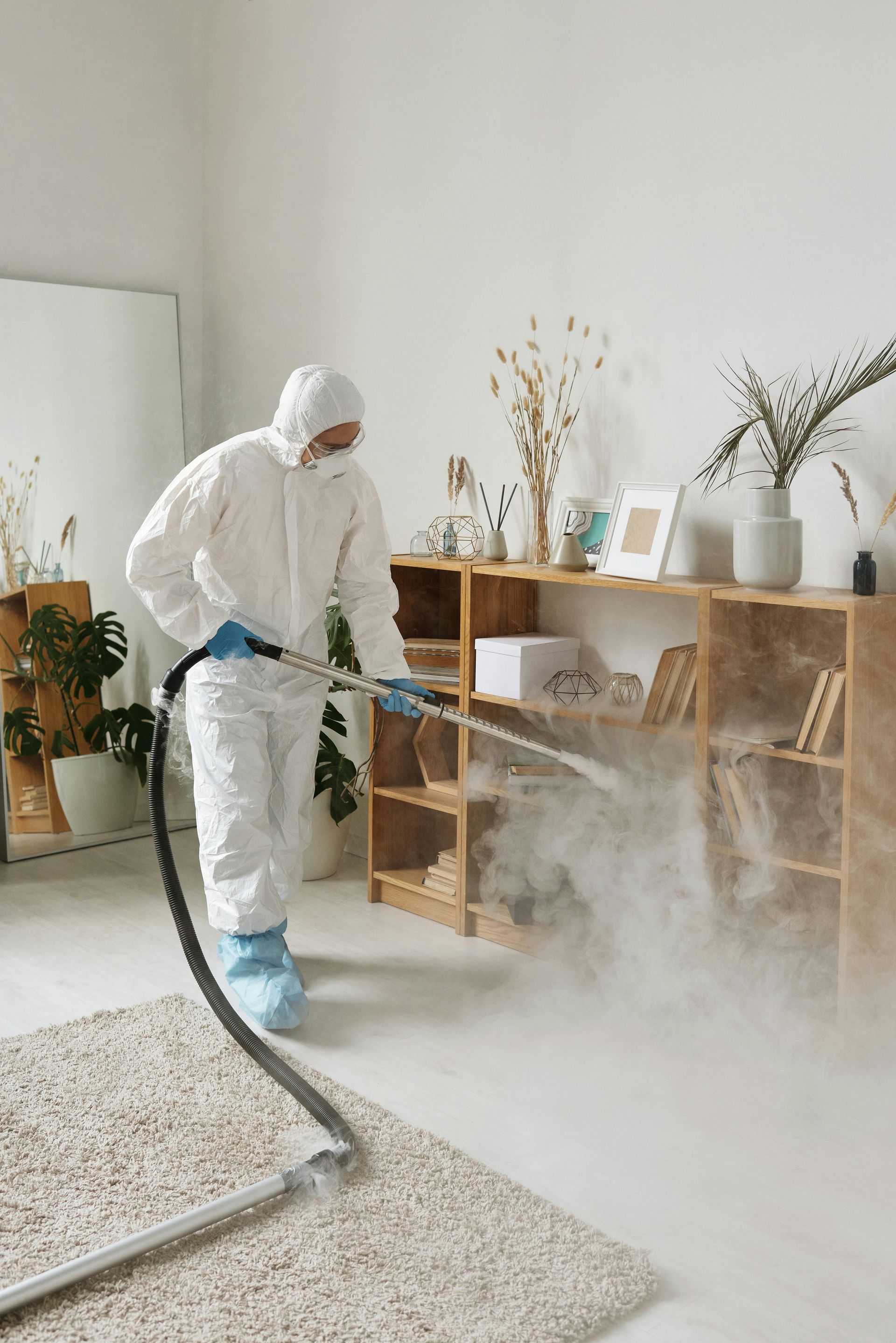 Person in protective suit disinfecting a bright room with a spray wand and visible mist.