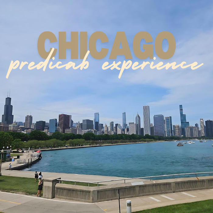 The Chicago skyline viewed from the waterfront on a clear day, with 'CHICAGO pedicab experience' text overlaid, promoting a pedicab Chicago tour.