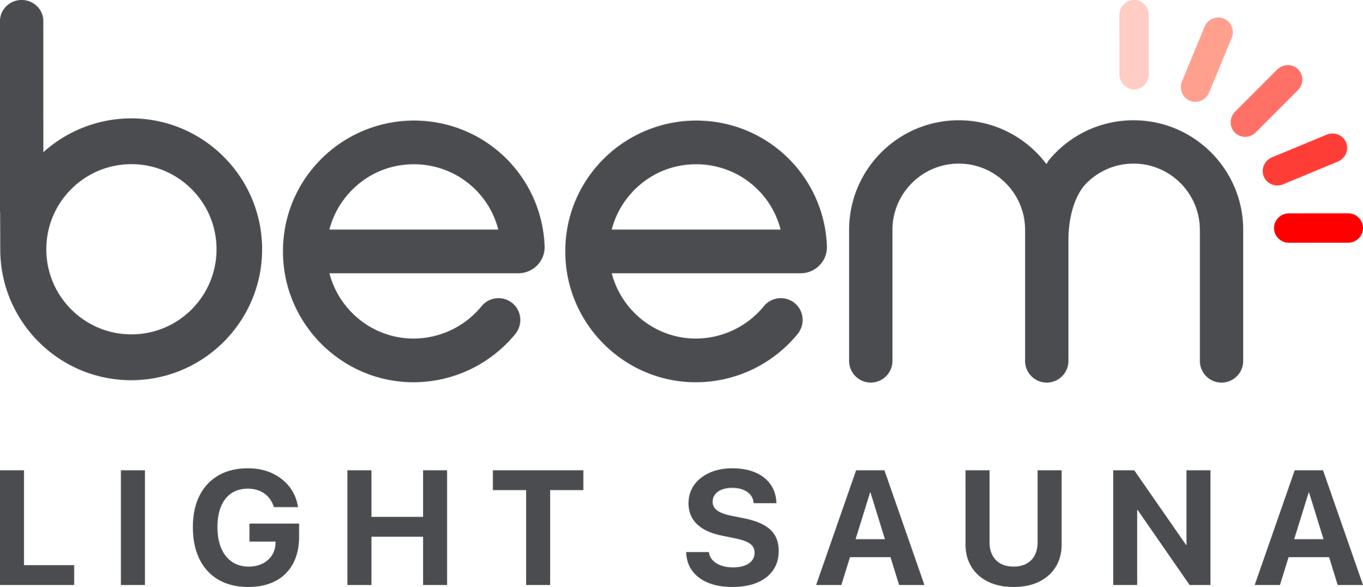 Logo for Beem Light Sauna: dark gray text with red light rays emanating from