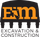 Logo of E&M Excavation & Construction in orange letters on a black background with an excavator bucket.