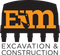 Logo of E&M Excavation & Construction in orange letters on a black background with an excavator bucket.