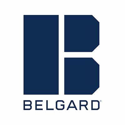 A blue and white logo for a company called belgard.