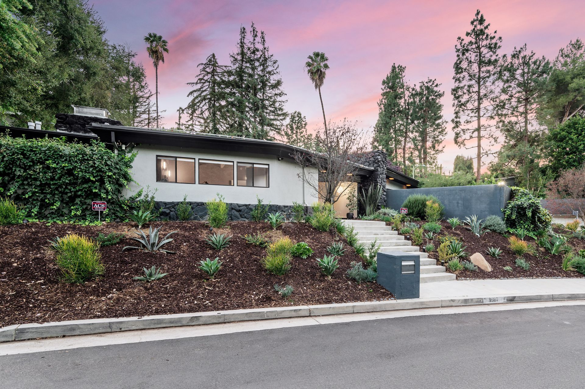 Mid-century modern home with drought-tolerant landscaping and concrete steps in Elk Grove.