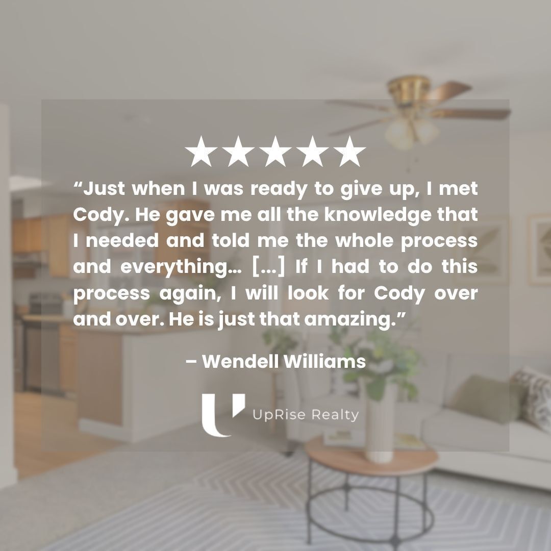 Five-star client testimonial graphic with quote from Wendell Williams over a living room background, with UpRise Realty logo
