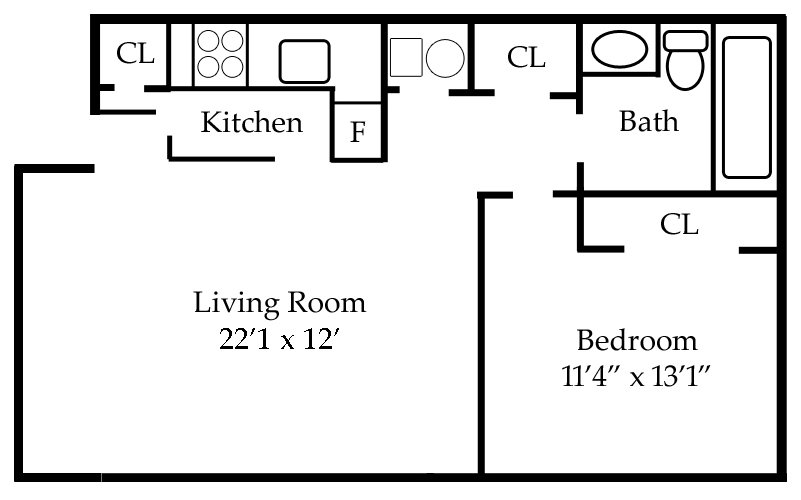 large one bedroom one bathroom floor plan