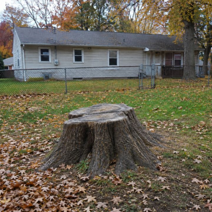 Large cut tree stump in a Clarksville, Indiana backyard with grass, fallen leaves, and nearby homes.