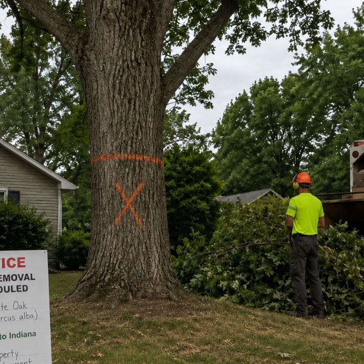 Tree removal crew working on a large mature tree in a suburban Indiana neighborhood during fall.